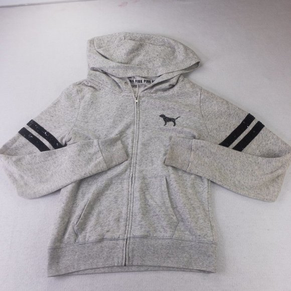 PINK Victoria's Secret Tops - PINK Victoria's Secret Womens Hoodie Gray Black Small Zip Long Sleeve Beaded